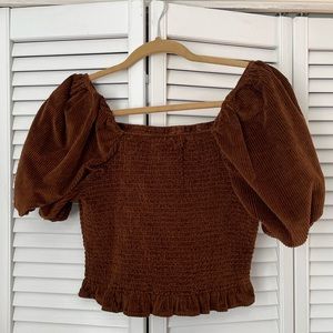 AE Smocked Puff Sleeve Blouse | Large | Brown